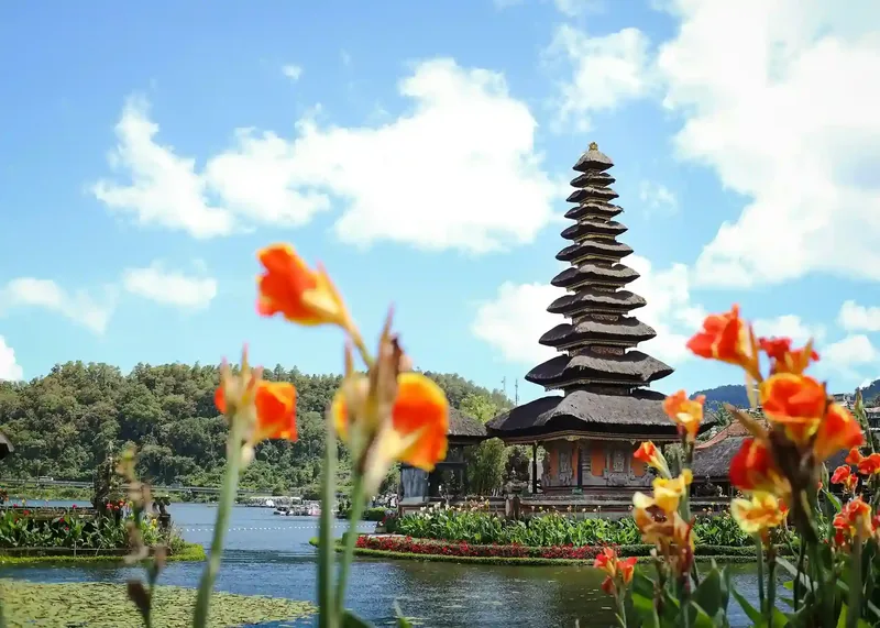 Pura Ulun Danu Beratan dengan bunga kana